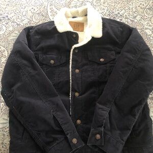 Gap Fleece Lined Trucker style cord jacket Navy Blue ex condition Size Large